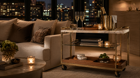 A private evening hosting setup with TATPUB marble and brass cart, champagne glasses, teak tray, and candlelight.