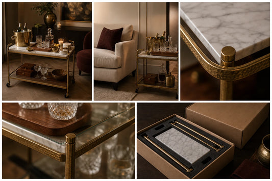 A premium furniture image guide showing room scene, scale view, material close-up, and packaging detail for TATPUB.