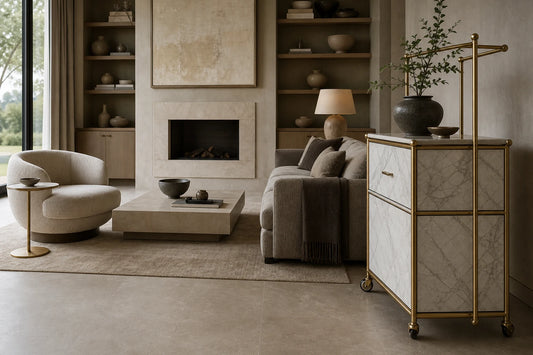 TATPUB Hosting System placed beside a sofa and lounge chair for room fit guidance.