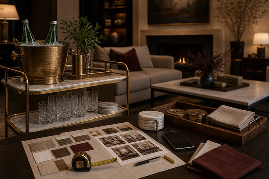 A TATPUB Room Fit Support photo guide scene with hosting system, phone, mood board, tape measure, coasters, and teak tray.