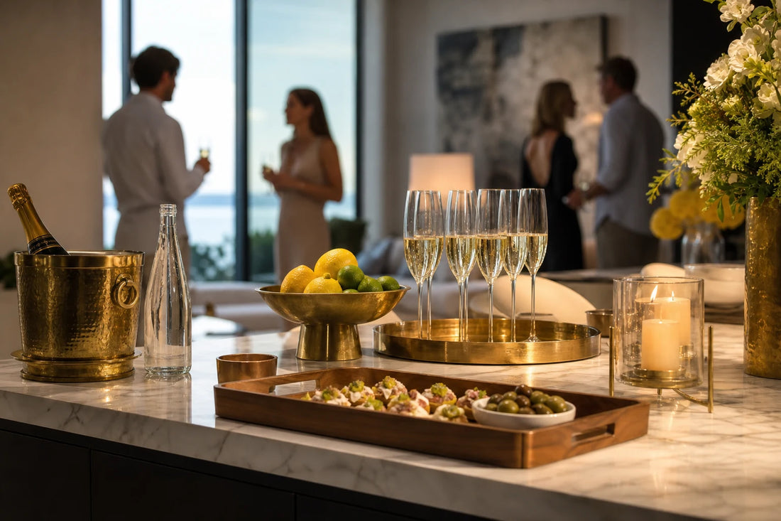 A self-serve social gathering setup with TATPUB hosting system, brass ice bucket, teak tray, and glassware.