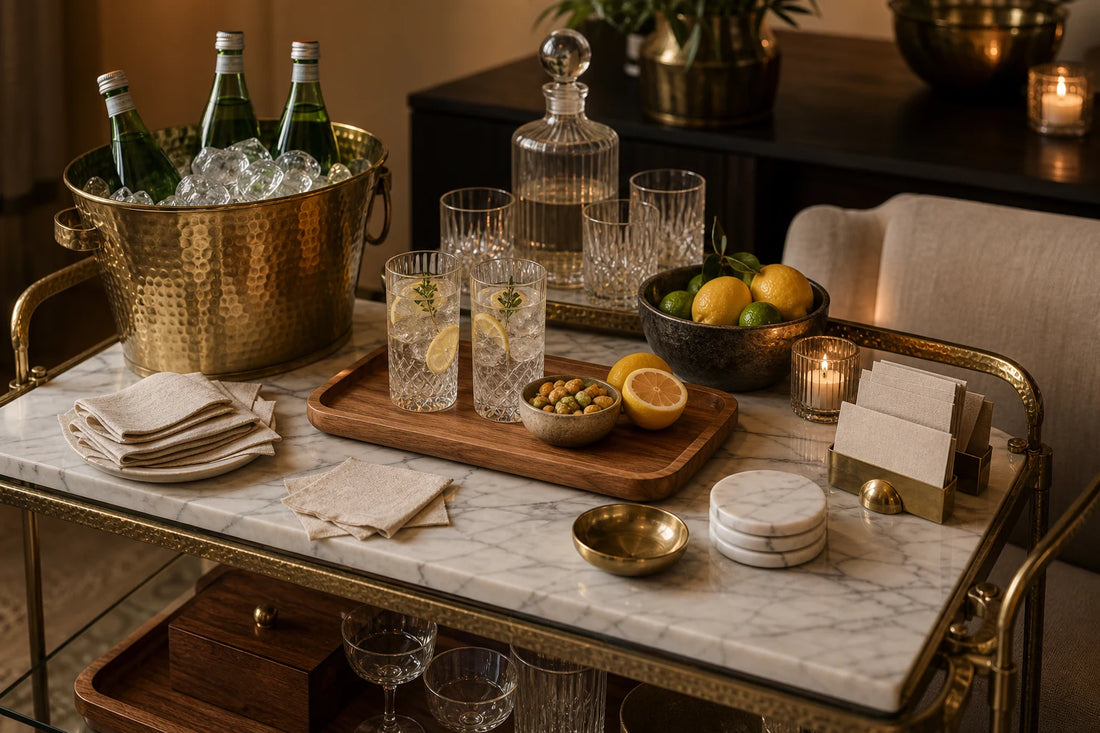 A complete TATPUB hosting setup with coasters, teak tray, brass ice bucket, hosting cards, and the Hosting System.