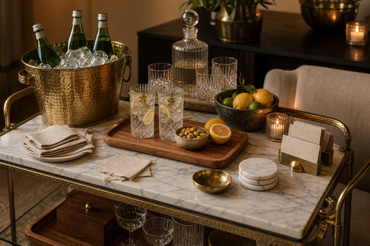 A complete TATPUB hosting setup with coasters, teak tray, brass ice bucket, hosting cards, and the Hosting System.
