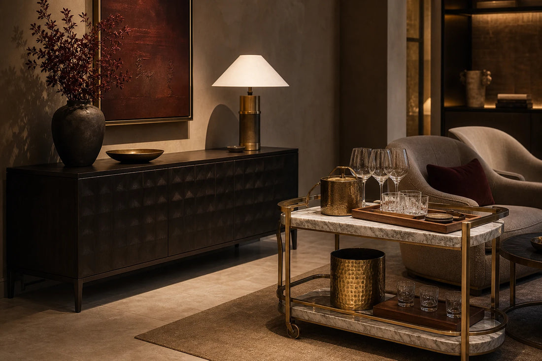 A refined room comparing a sideboard with the TATPUB hosting system for active entertaining service.
