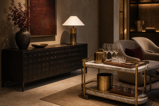 A refined room comparing a sideboard with the TATPUB hosting system for active entertaining service.