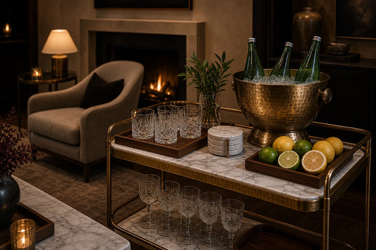 A TATPUB sparkling water service with chilled bottles, brass ice bucket, glassware, marble coasters, citrus, and teak tray.