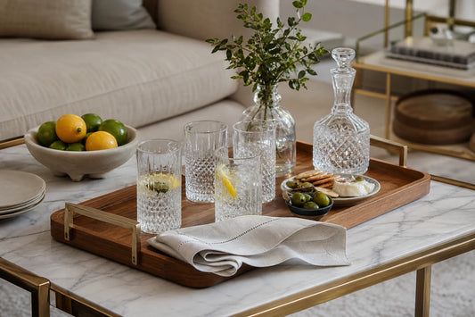 A teak serving tray with glassware, citrus, and linen on the TATPUB hosting system.