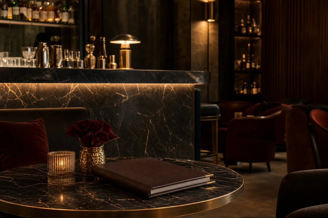 TATPUB Trade and Hospitality setting with marble, brass, glassware, and architectural warm luxury atmosphere.