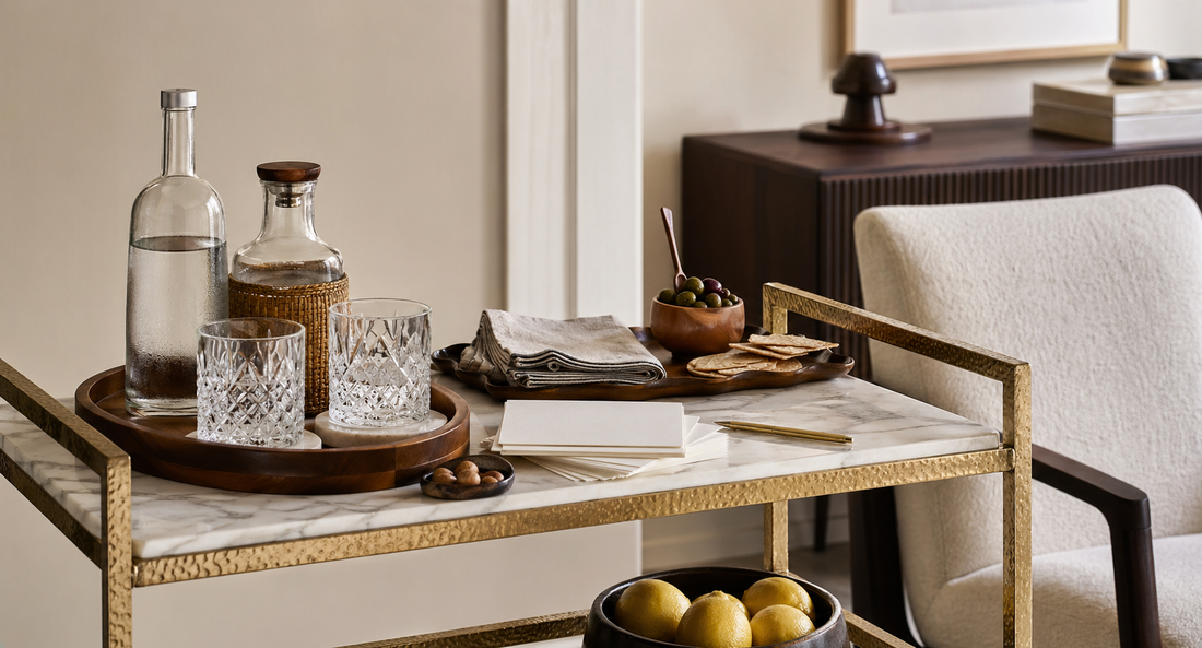 A guest-ready home bar edit with the TATPUB hosting system, marble coasters, teak tray, glassware, and hosting cards.