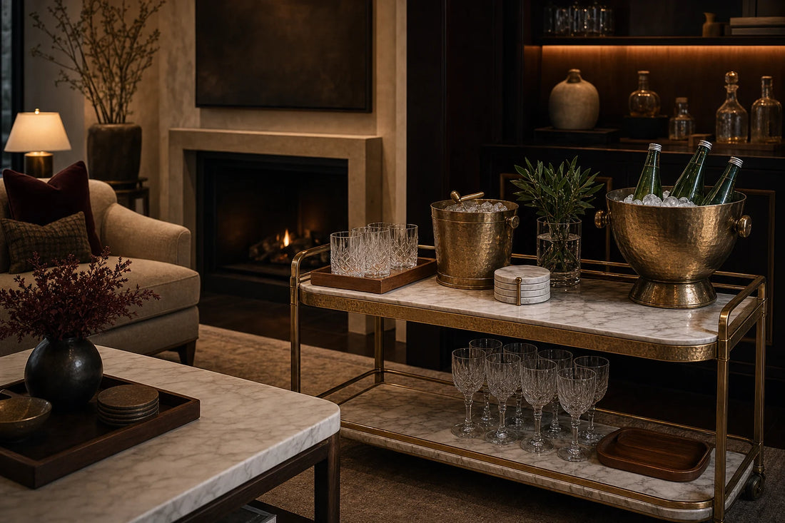 A TATPUB mobile hosting system styled as a wet bar alternative with glassware, coasters, tray, and brass ice bucket.