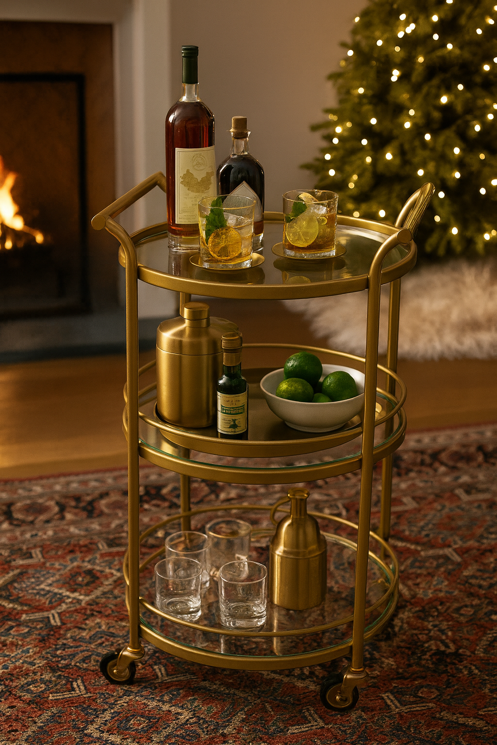 AURUM‧Round Serving Cart — Hand-Push Bar Trolley, Brass Finish, 2/3-Tier with Tempered Glass