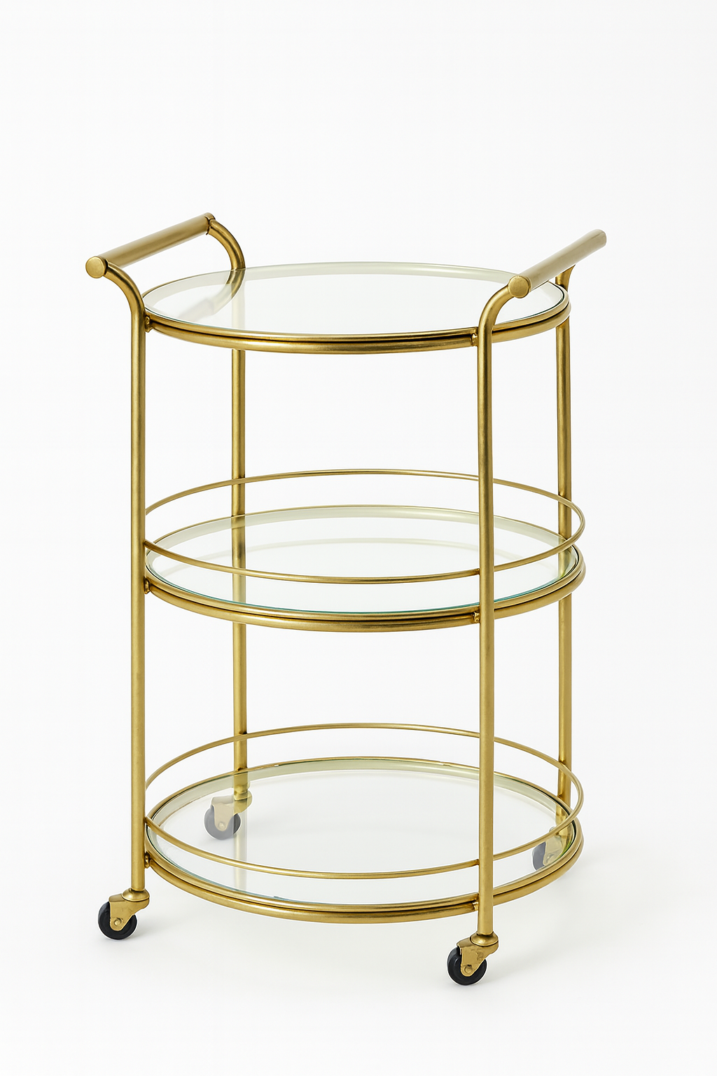 AURUM‧Round Serving Cart — Hand-Push Bar Trolley, Brass Finish, 2/3-Tier with Tempered Glass