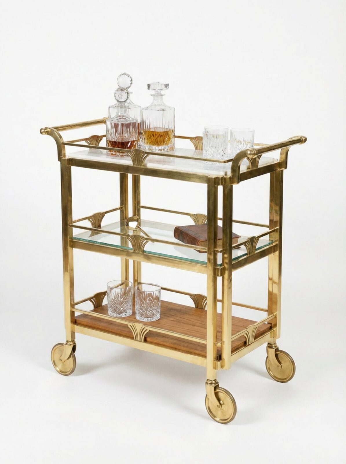 TATPUB luxury hosting system angled view with brass frame, glass shelf, and warm lower shelf