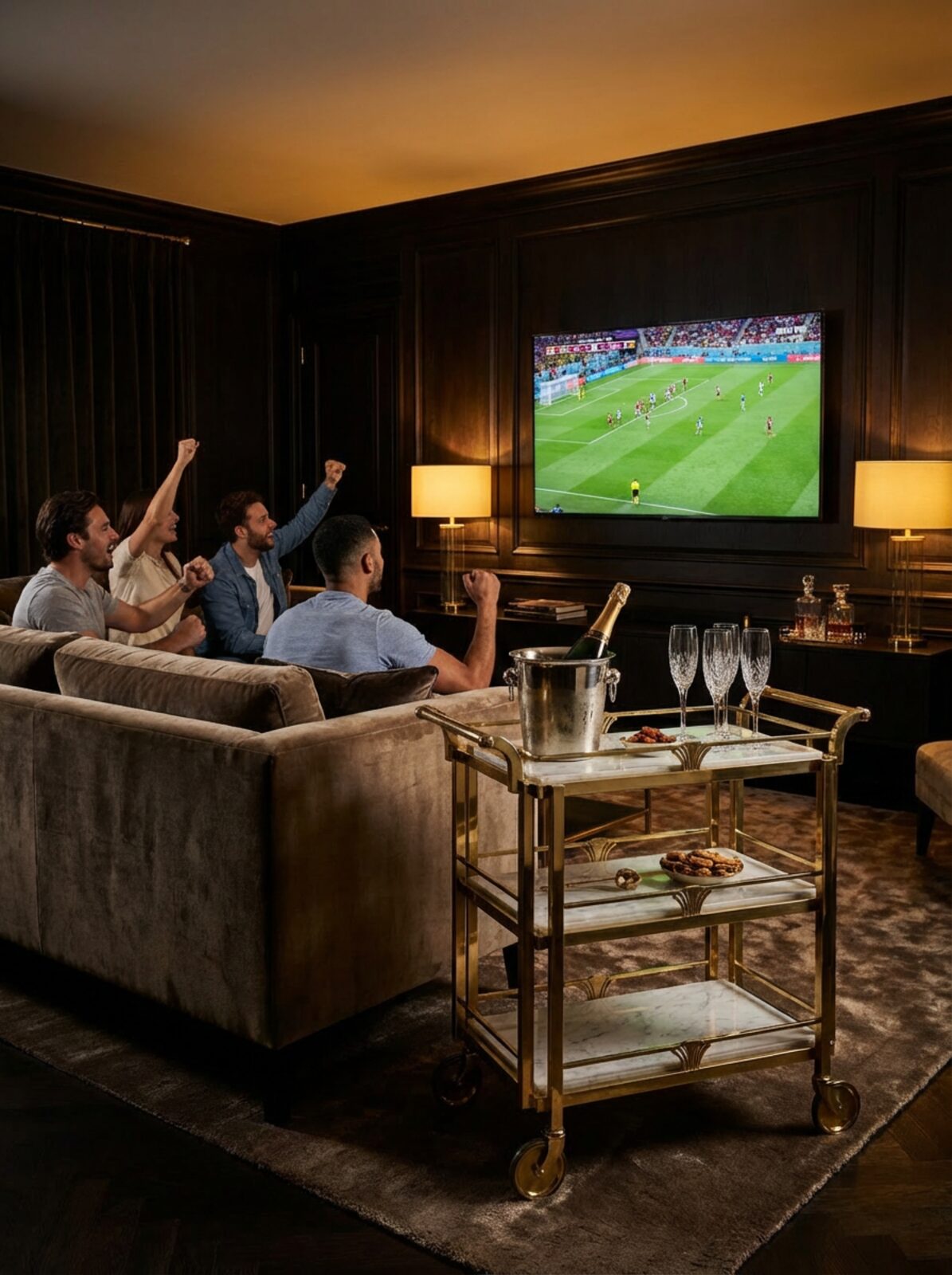 Match Night scene with the TATPUB Hosting System in a luxury media room