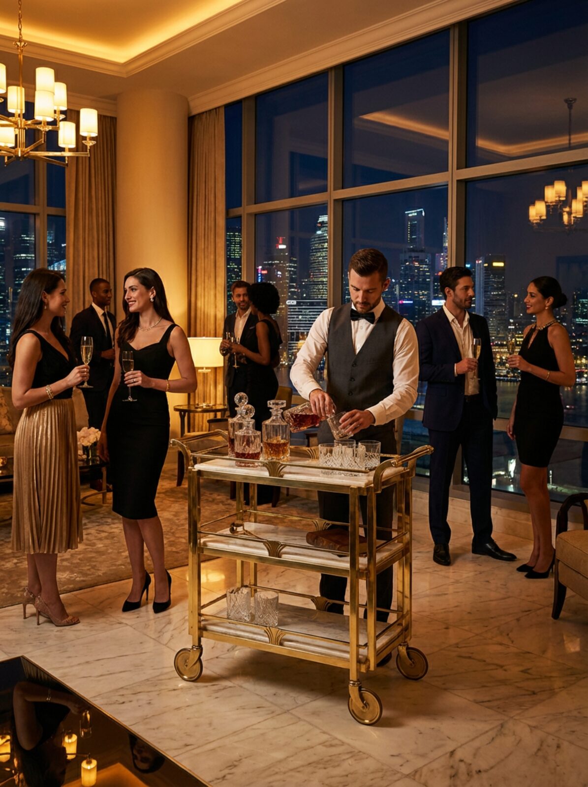 Social Gathering scene with TATPUB brass hosting system in a high-rise residence