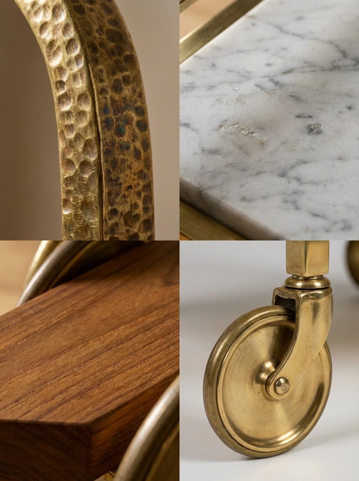 Material detail collage of marble, hammered brass, teak-inspired warmth, and locking caster wheel