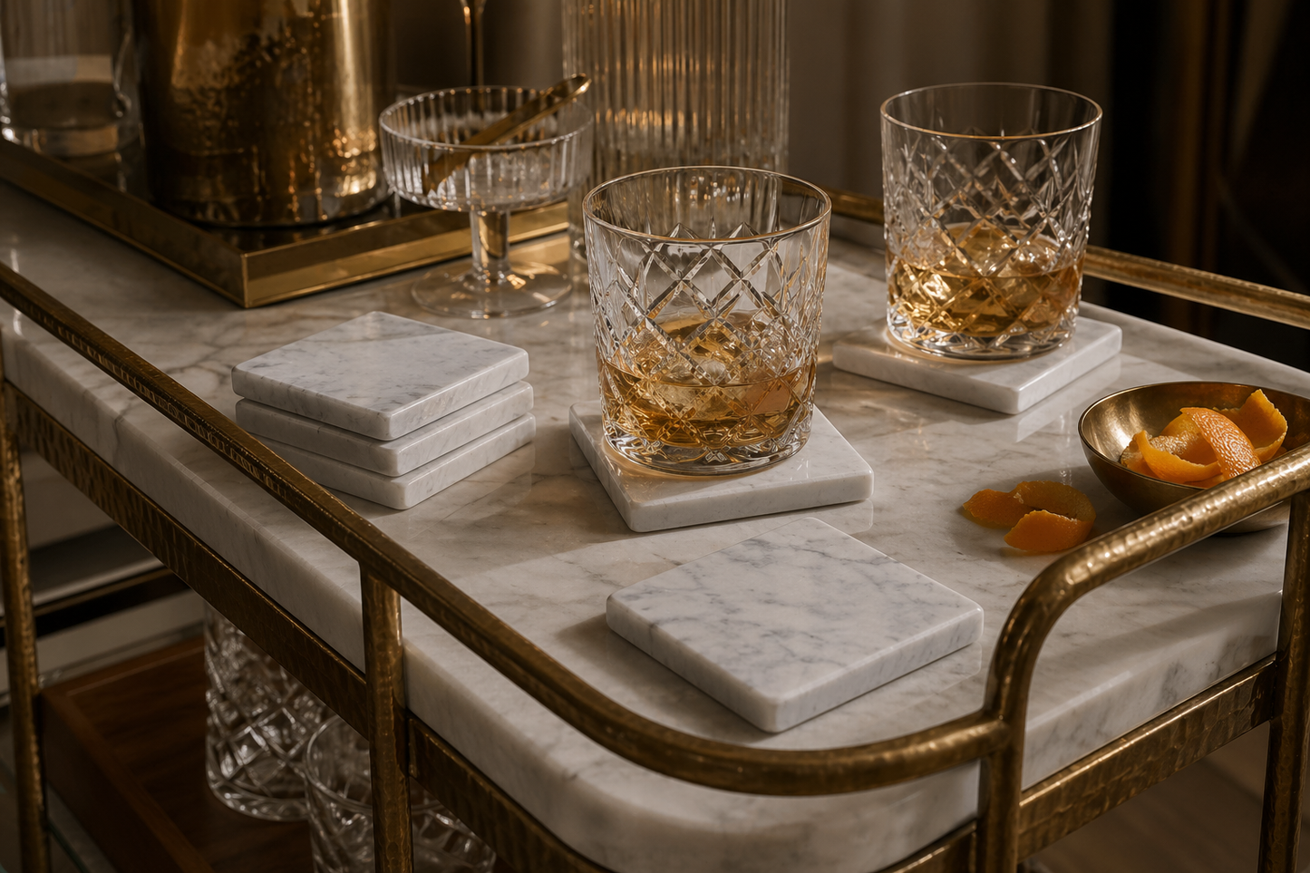 tatpub carrara coaster set 2 carrara marble coasters styled with glassware on the tatpub hosting system