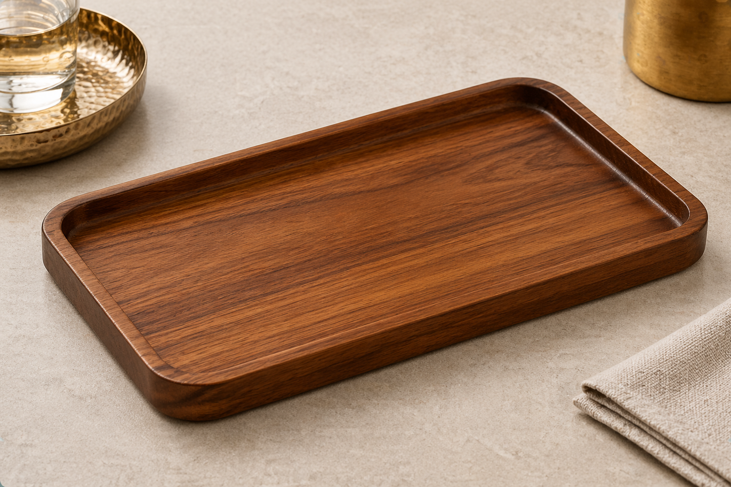 TATPUB FSC Teak Serving Tray in warm luxury product photography