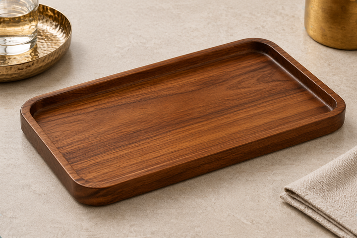 TATPUB FSC Teak Serving Tray in warm luxury product photography