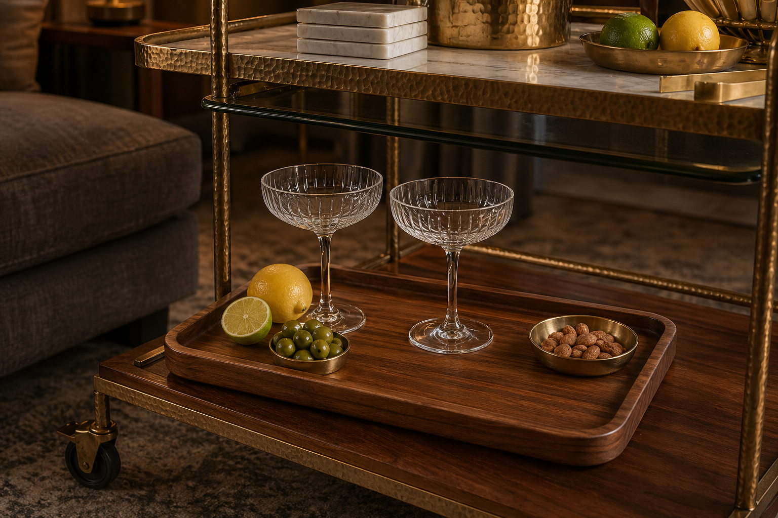 Teak serving tray on a TATPUB Hosting System with glassware and small bites