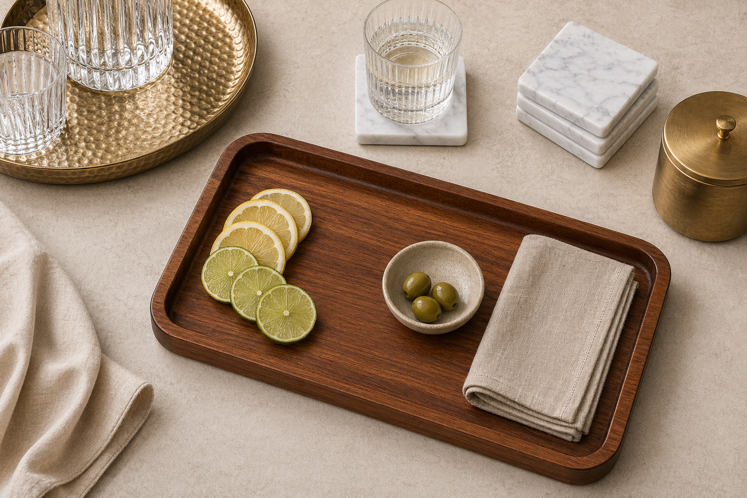 Hosting flat lay with teak tray, citrus, linen napkins, and glassware