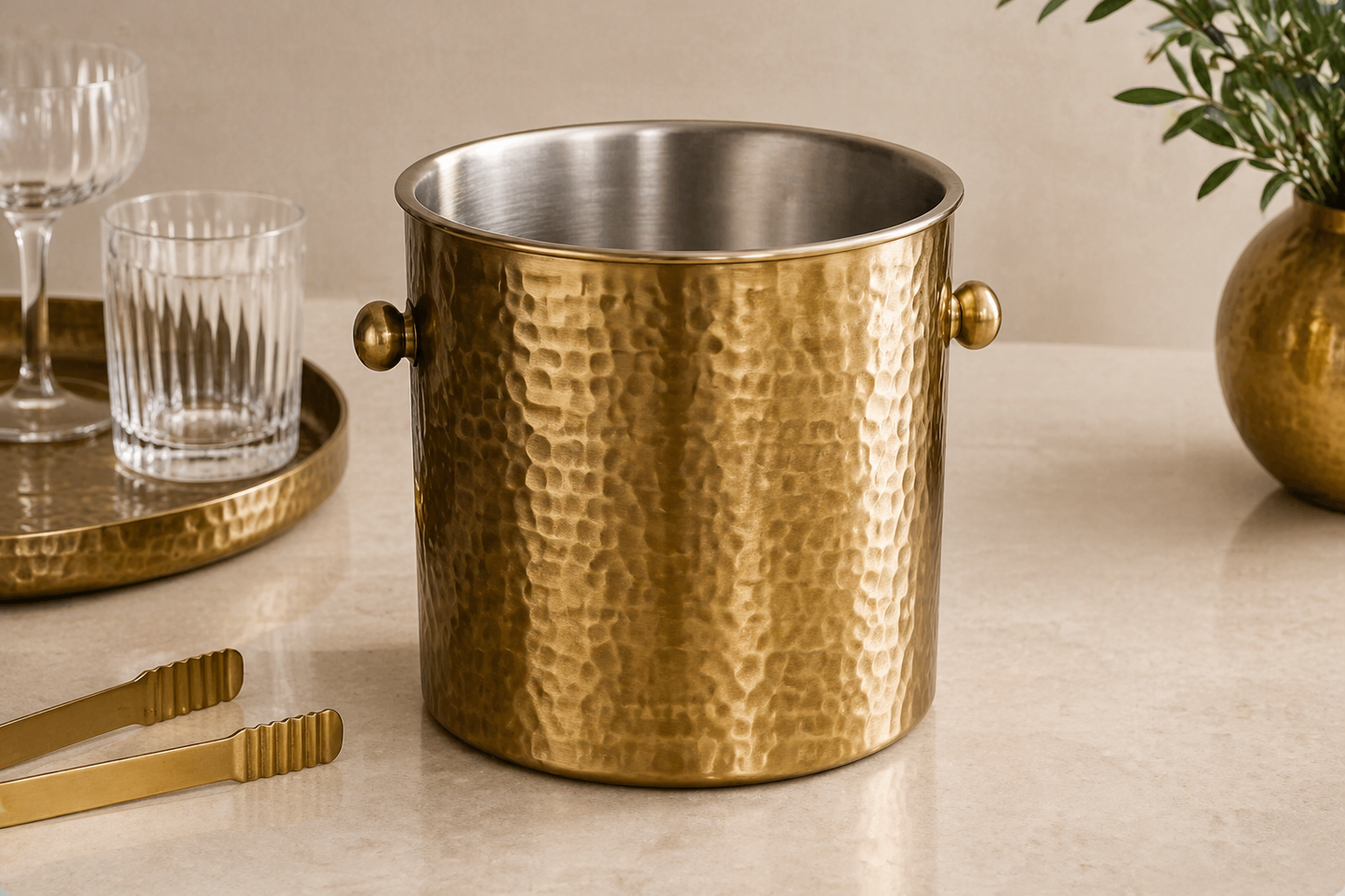 TATPUB Hammered Brass Ice Bucket in luxury product photography