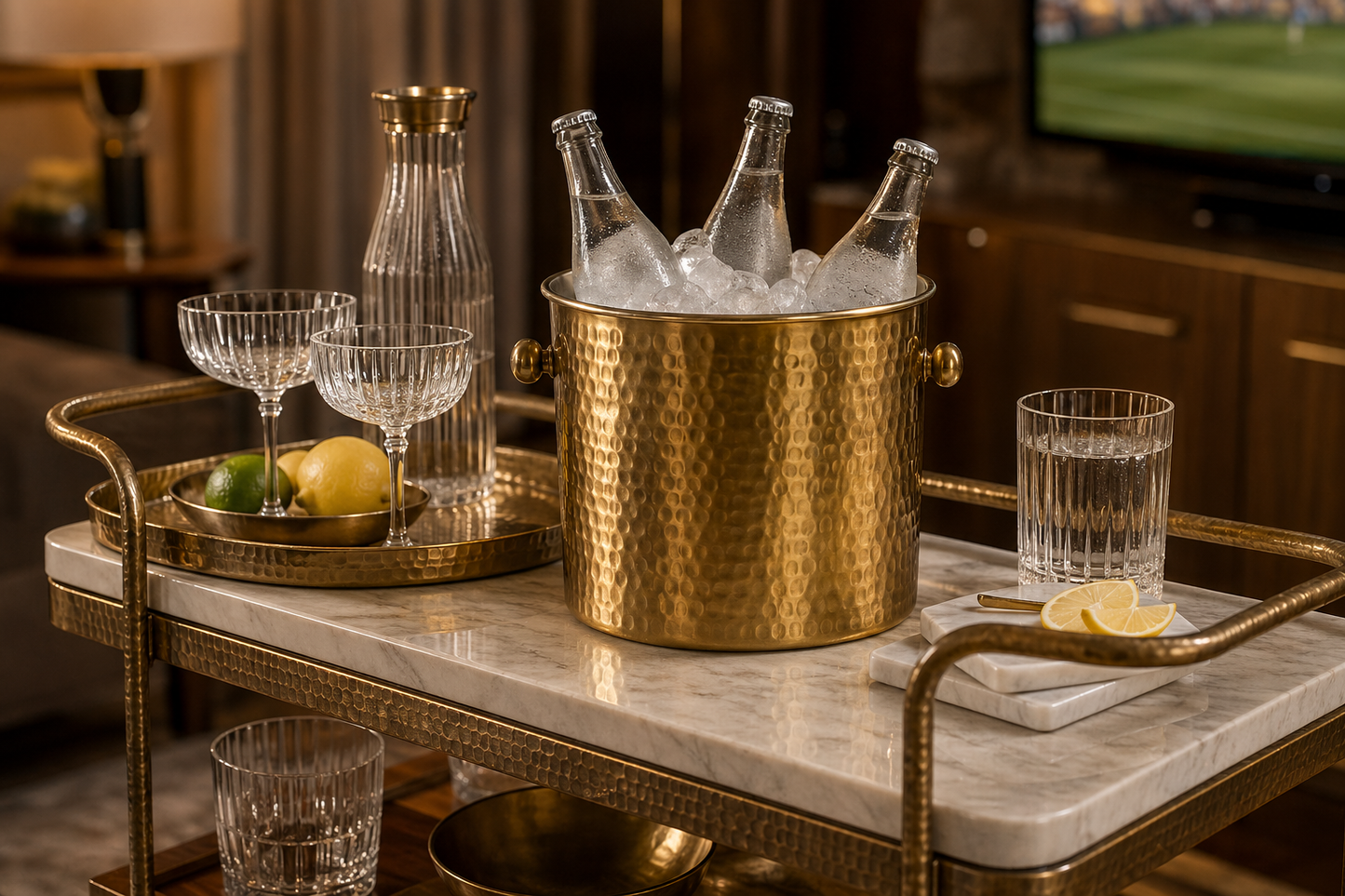 Hammered brass ice bucket on a TATPUB hosting cart for match night service