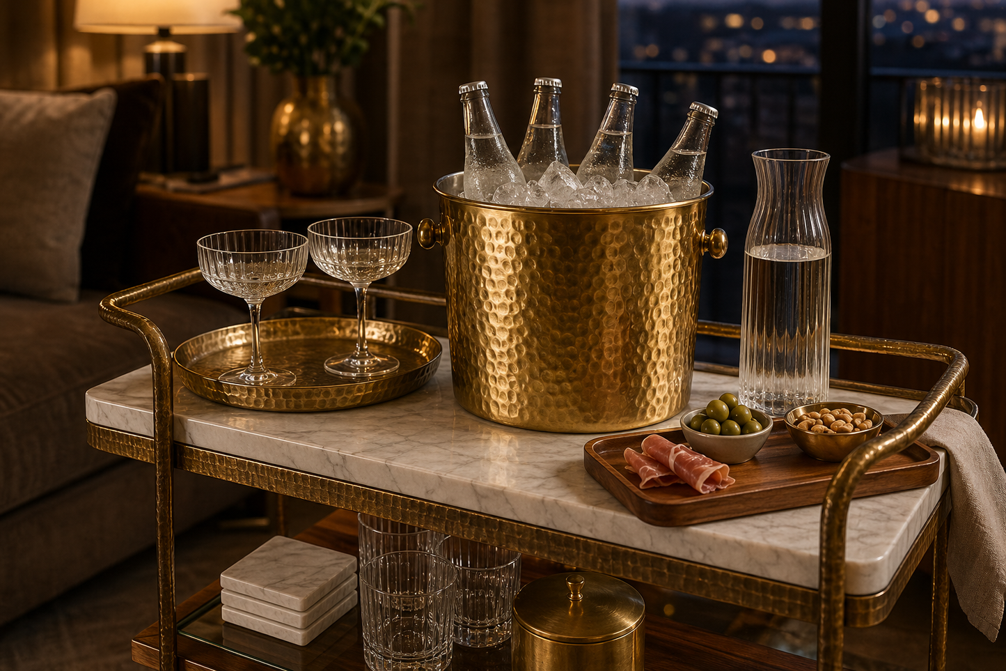 Ice bucket styled with crystal glassware and chilled bottles for social gathering