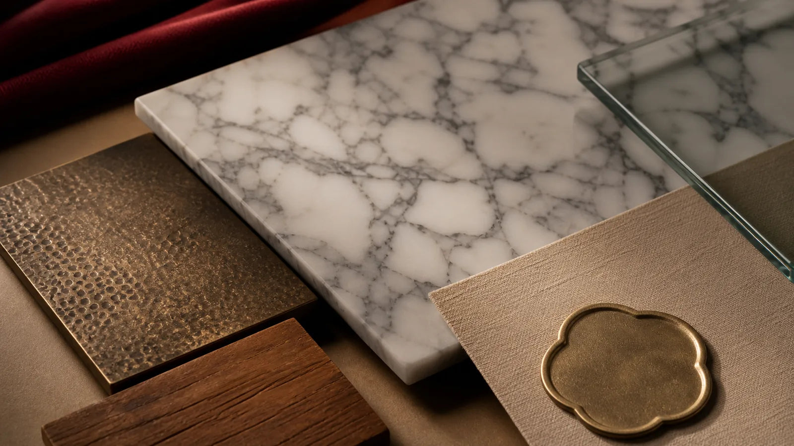 TATPUB material language with marble, hammered brass, teak, tempered glass, linen paper, and embossed seal.