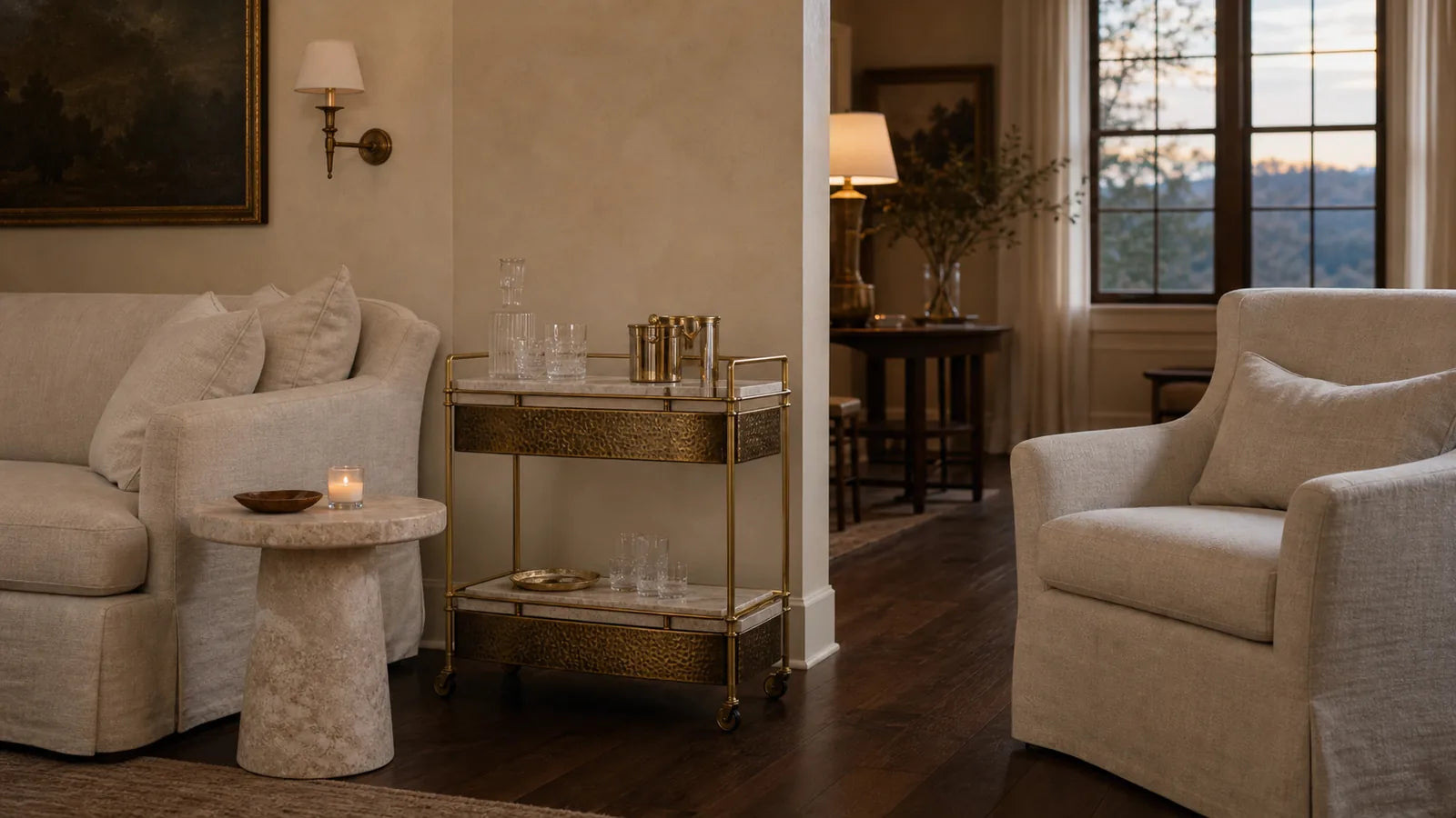 TATPUB Hosting System placed beside a sofa and lounge chair for room fit guidance.