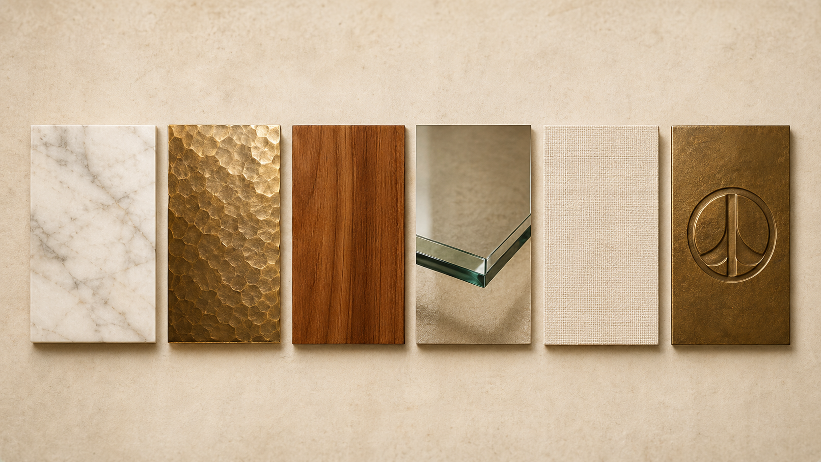 Close material composition of marble, hammered brass, teak, tempered glass, linen, and aged brass details.