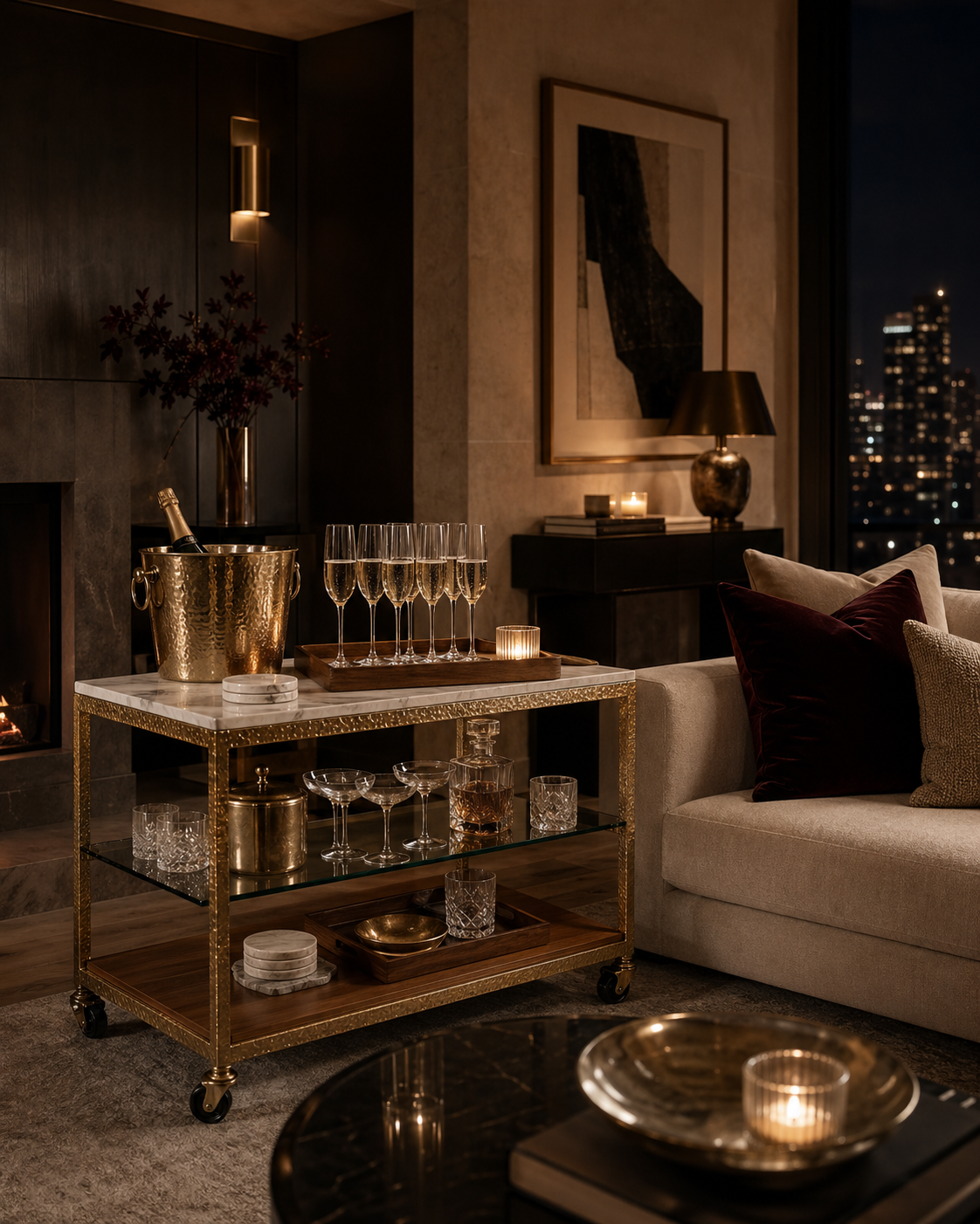 A private evening hosting setup with TATPUB marble and brass hosting system, teak tray, and candlelight.
