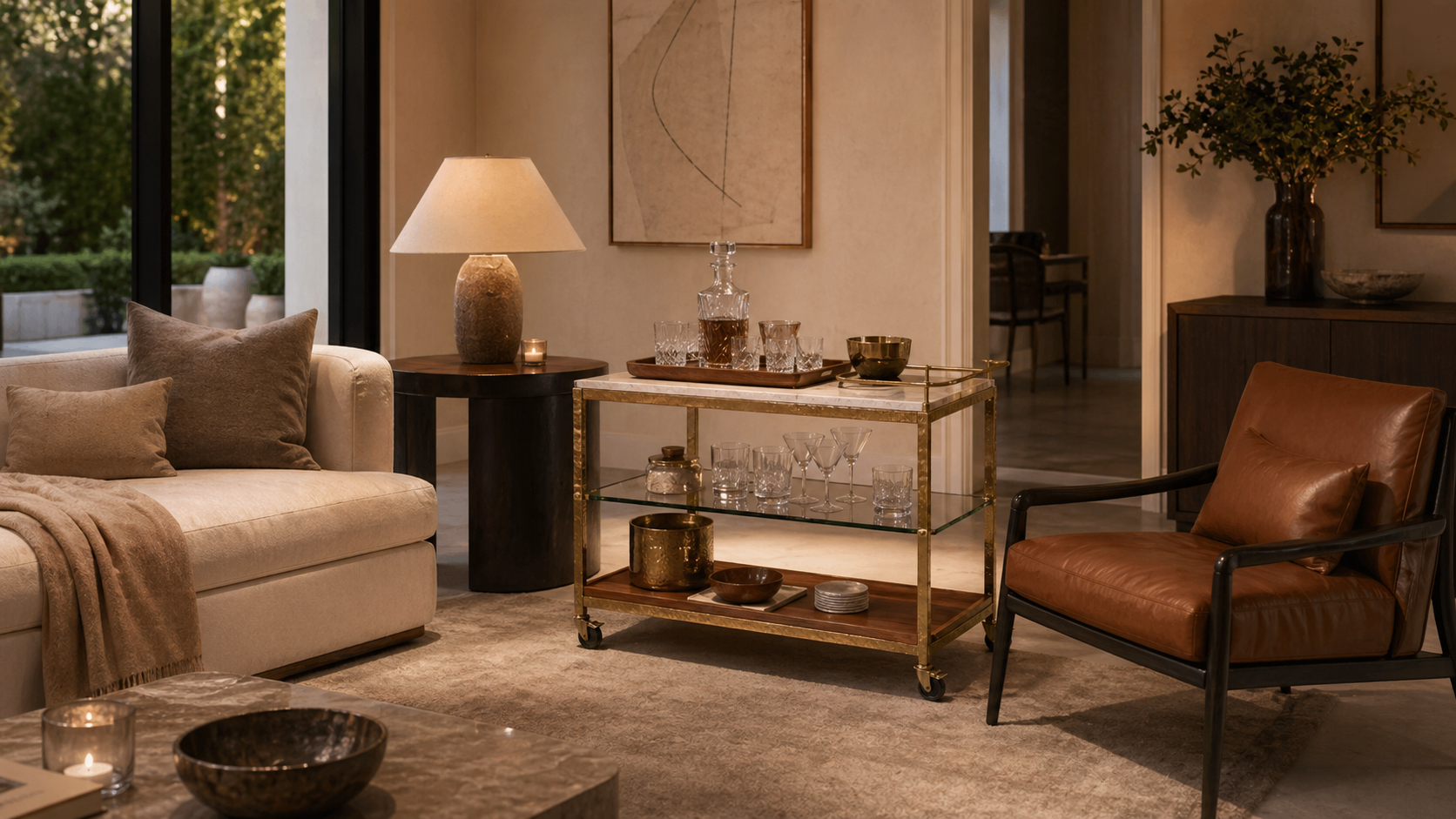 TATPUB Hosting System placed beside a sofa and lounge chair for room fit guidance.