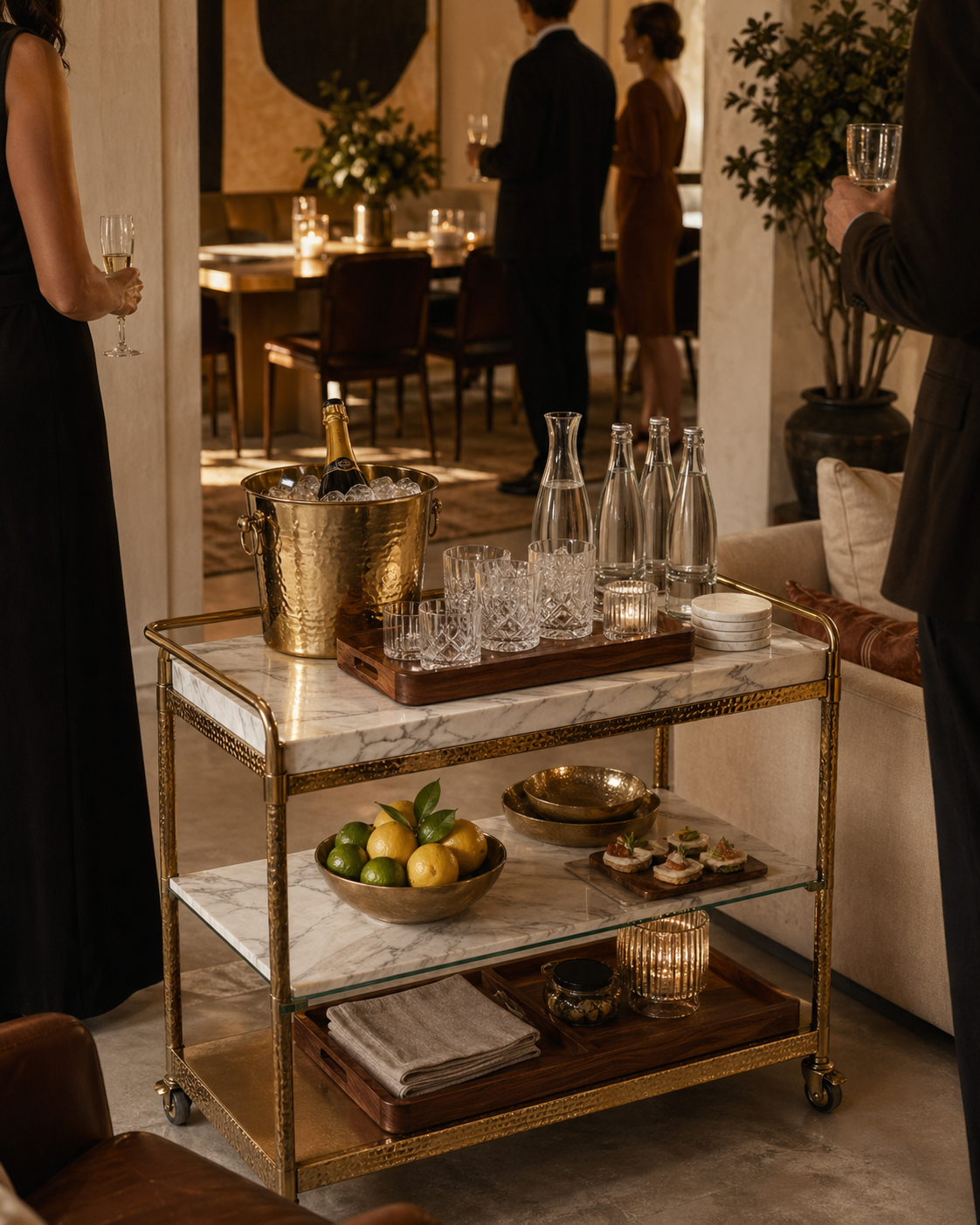 A social gathering setup with TATPUB hosting system, brass ice bucket, teak tray, and glassware.